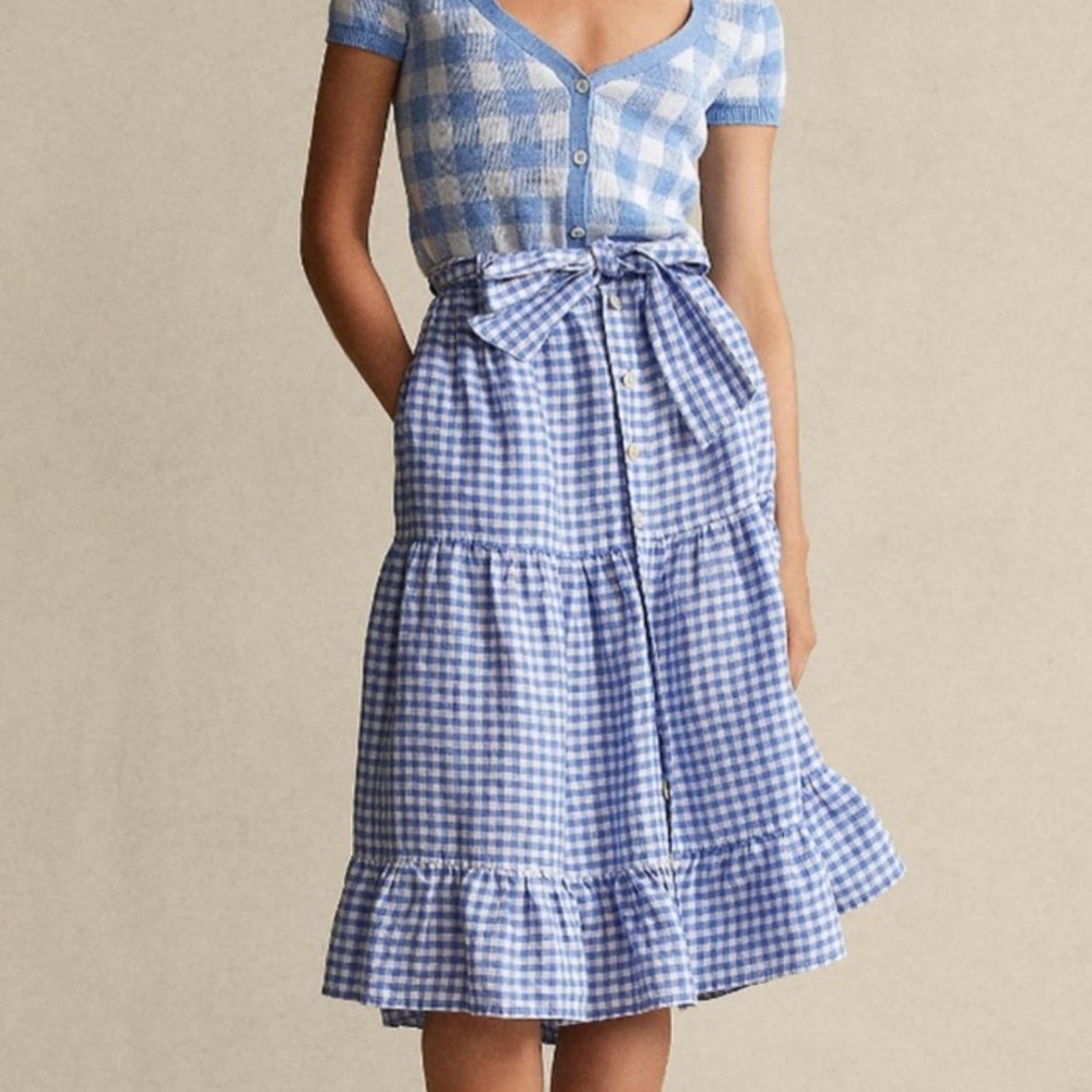 Polo Ralph Lauren Gingham Linen Belted Midi Skirt